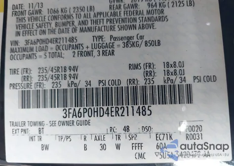 2014 Ford Fusion Se from USA, damaged, VIN 3FA6P0HD4ER211485